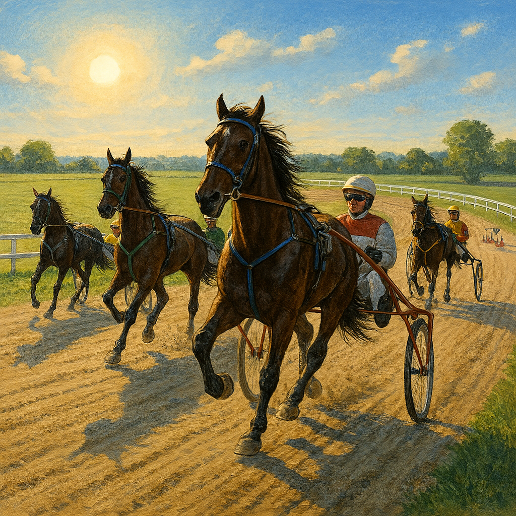 En grafisk illustration af travheste der traener paa en oval bane i morgensol. Hestene er spaendt for 1 2